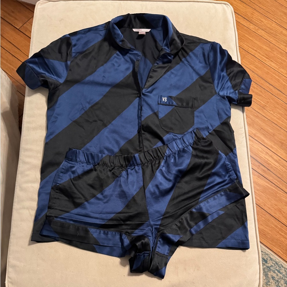 Victoria's Secret SilkBlue and Black Striped Pajama Set